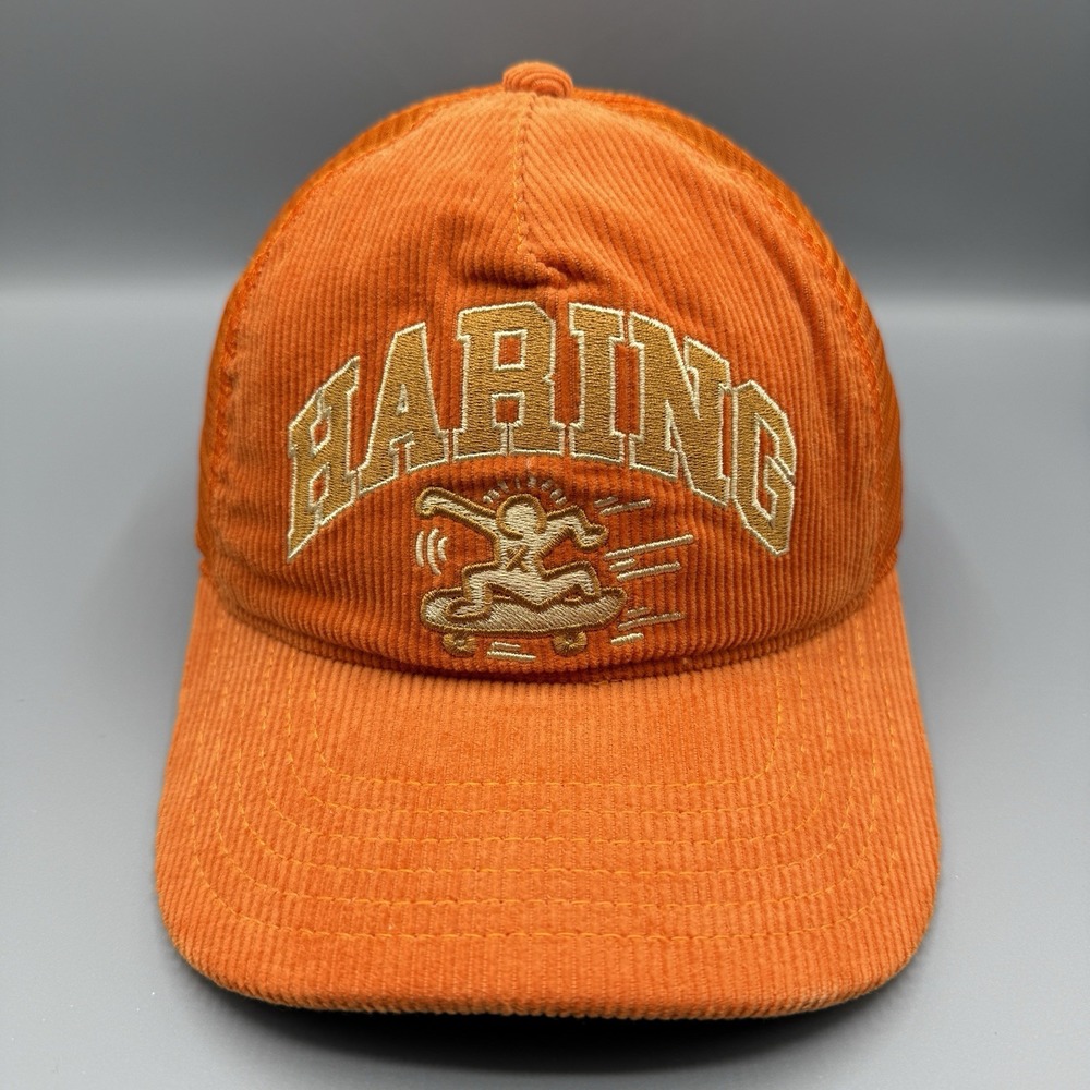 Keith Haring Orange Corduroy Mesh Trucker Hat Mad Engine Snapback Cap Mens